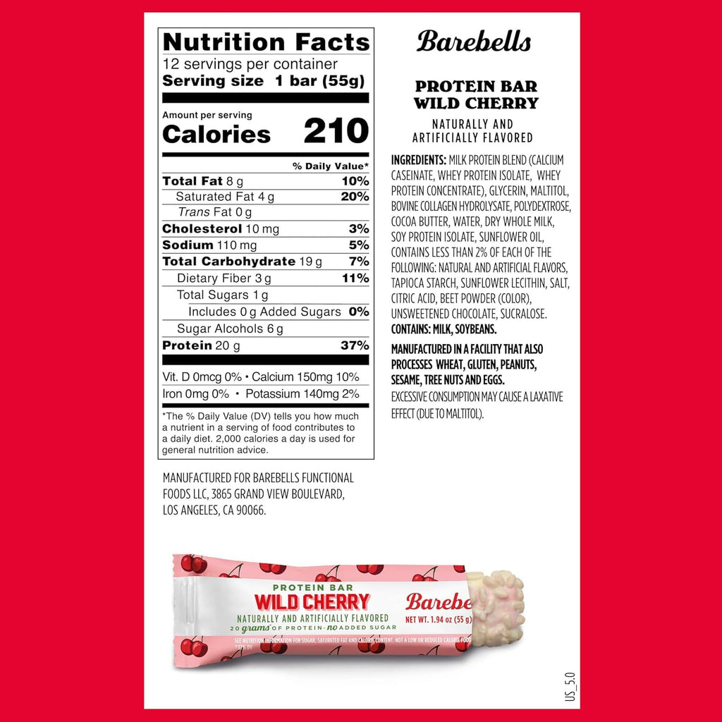 Barebells Wild Cherry Protein Bar – 20g Protein, No Added Sugar, 12 Count Box