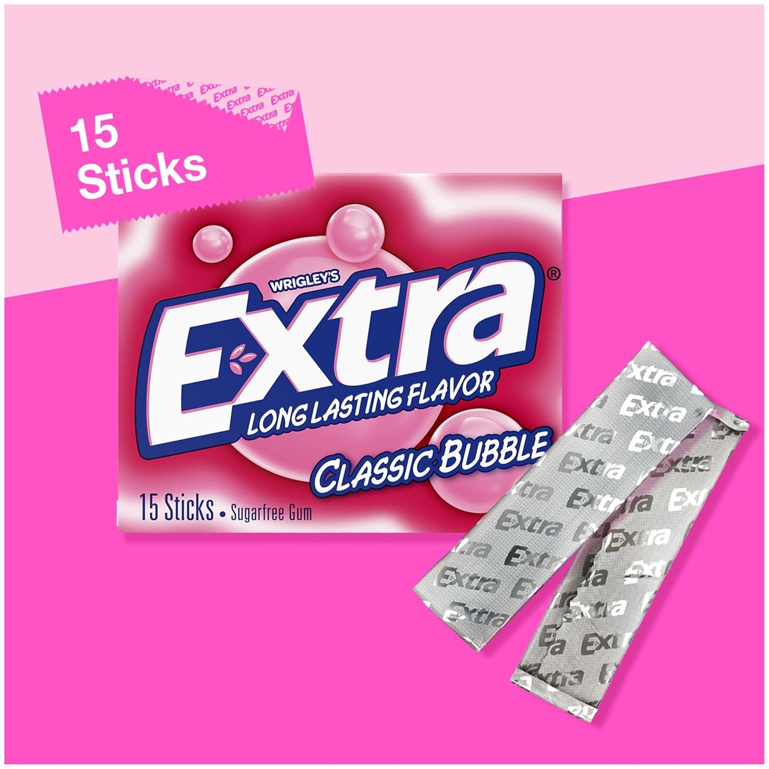 Extra Classic Bubble Sugar Free Chewing Gum – 15 Stick Packs (Pack of 10)