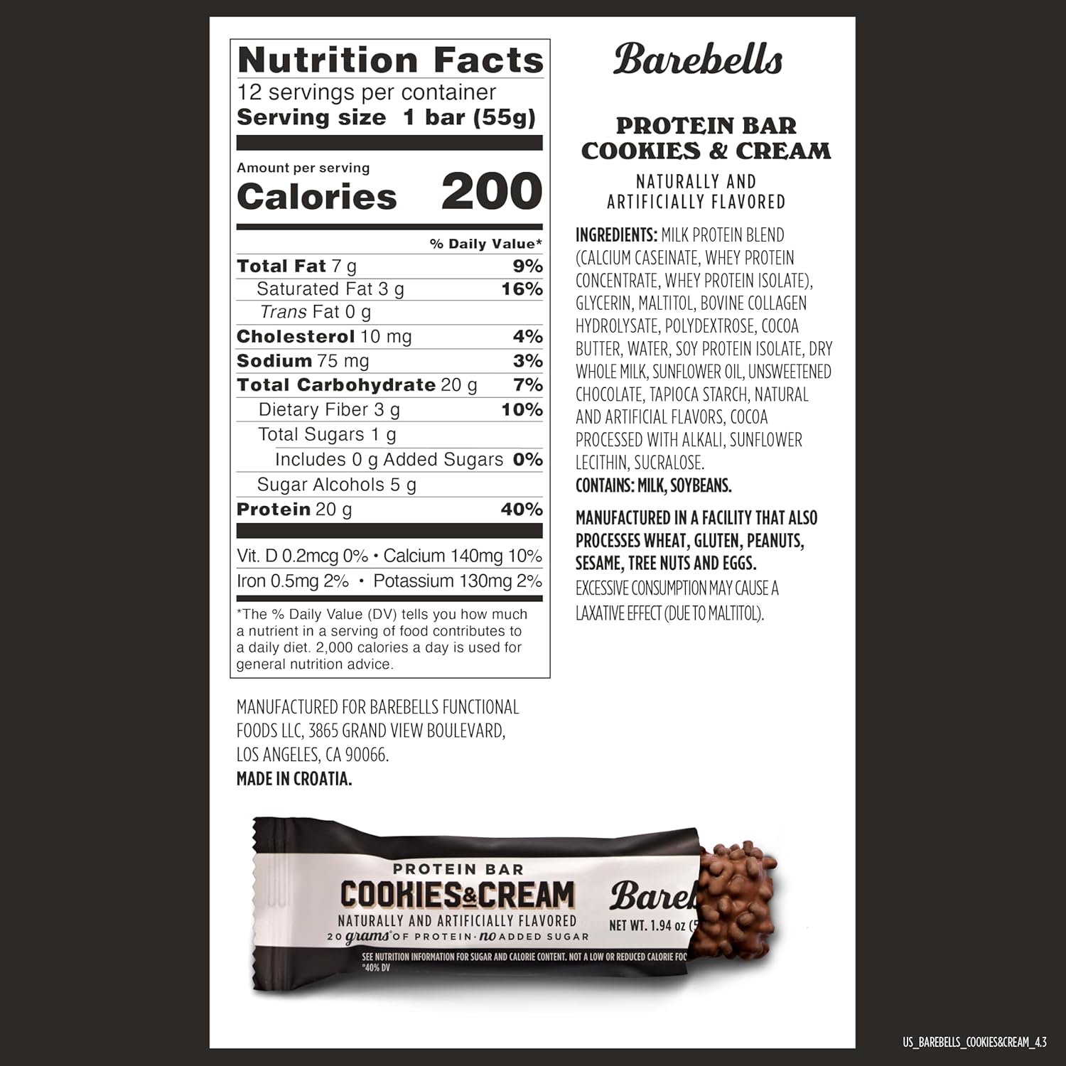 Barebells Protein Bar - Cookies & Cream - 20g Protein (12 Bars)