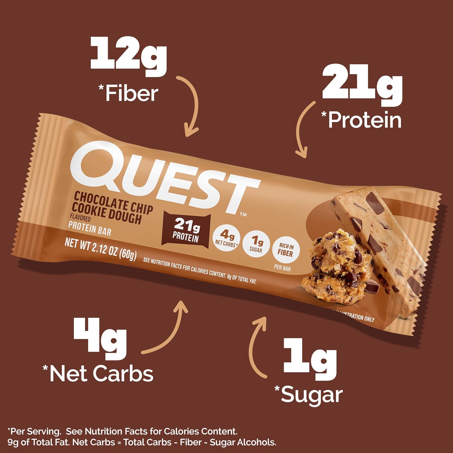 Quest Chocolate Chip Cookie Dough Protein Bars – High Protein, Low Carb Bars (12 Count)